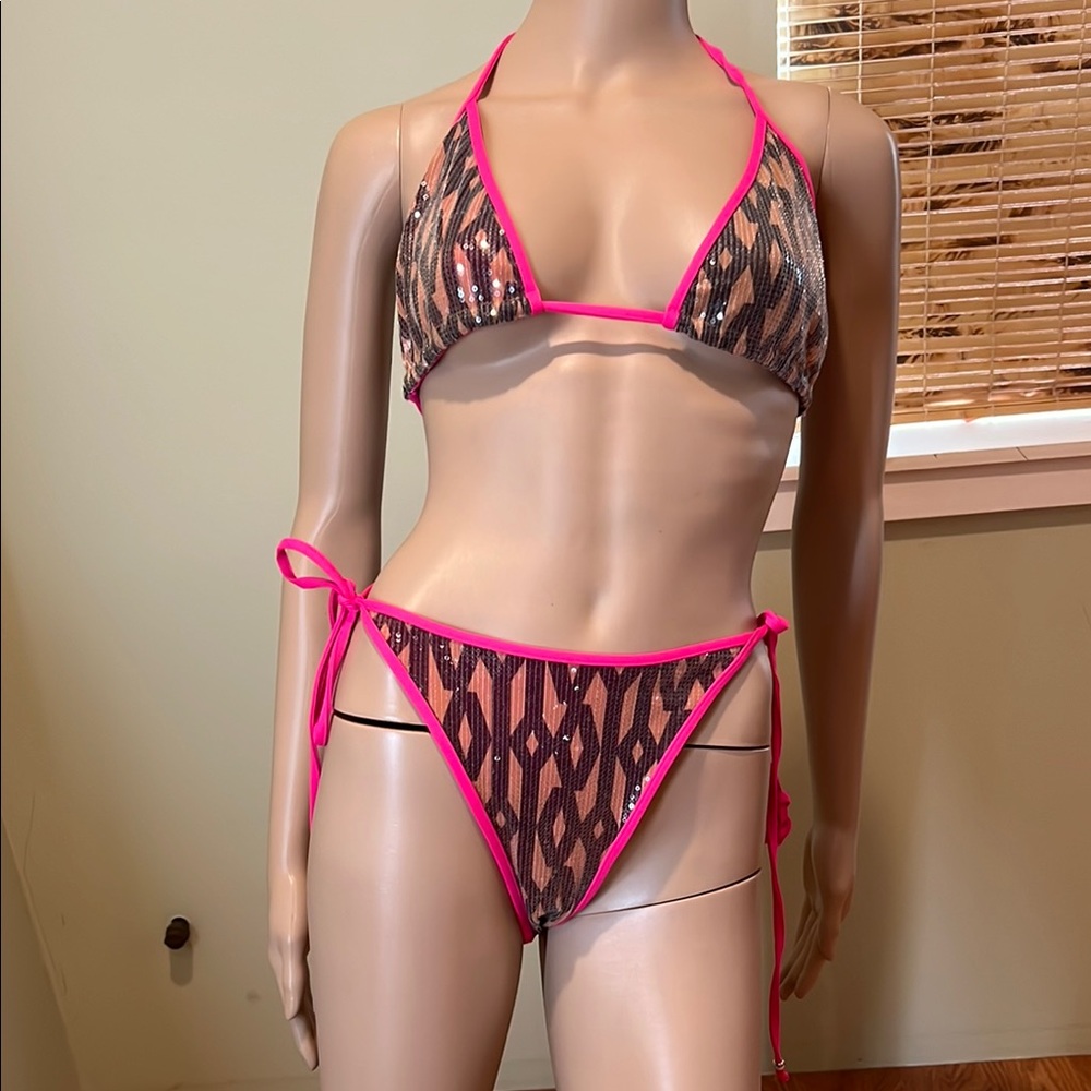 Adidas Ivy Park Pink & Brown Geometric Bikini Set With Clear Sequins Size  L/1X